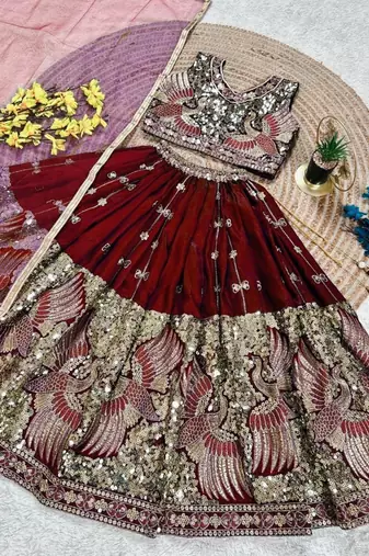 Kids' maroon Embroidered Lehenga Choli with Dupatta