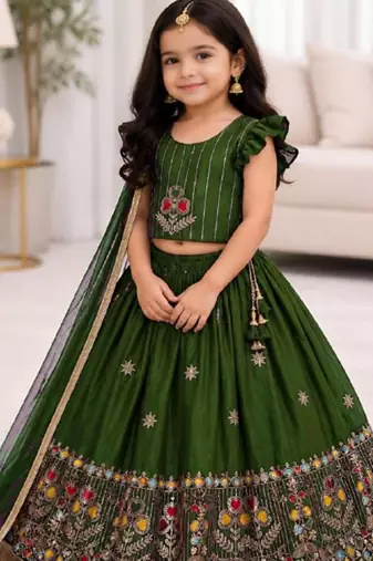 Kids' green Embroidered Lehenga Choli with Dupatta