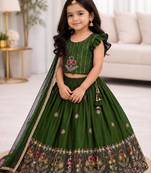 Kids' green Embroidered Lehenga Choli with Dupatta