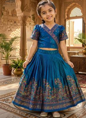 Teal pashmina silk with all body pure zari weaving work lehenga choli for kids 1
