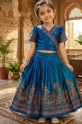 Teal pashmina silk with all body pure zari weaving work lehenga choli for kids