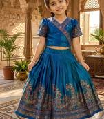 Teal pashmina silk with all body pure zari weaving work lehenga choli for kids