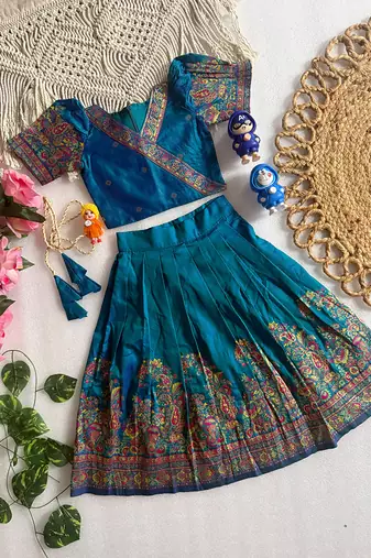 Teal pashmina silk with all body pure zari weaving work lehenga choli for kids