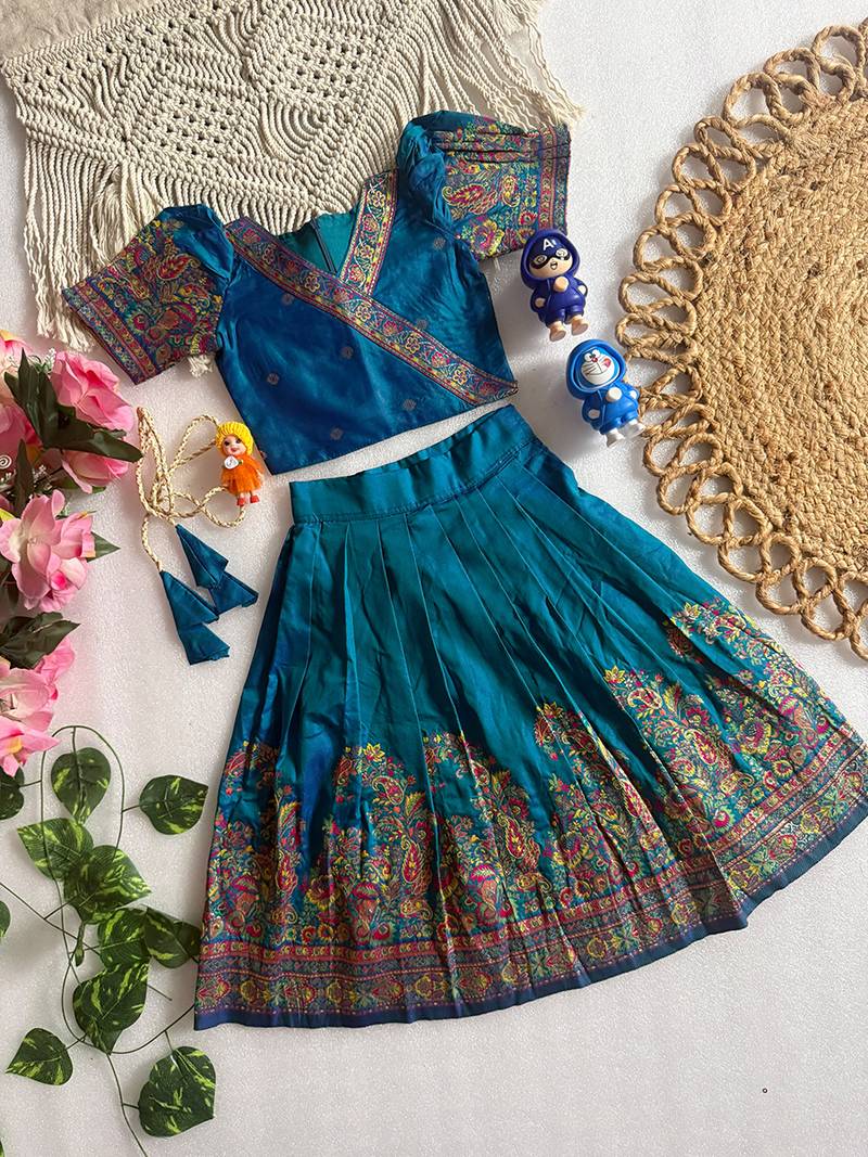 Teal pashmina silk with all body pure zari weaving work lehenga choli for kids