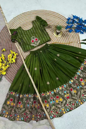 Kids' green Embroidered Lehenga Choli with Dupatta