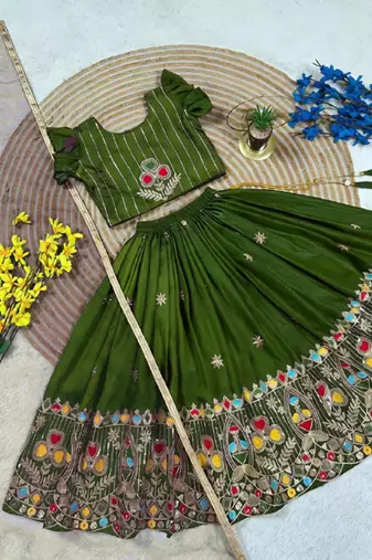 Kids' green Embroidered Lehenga Choli with Dupatta