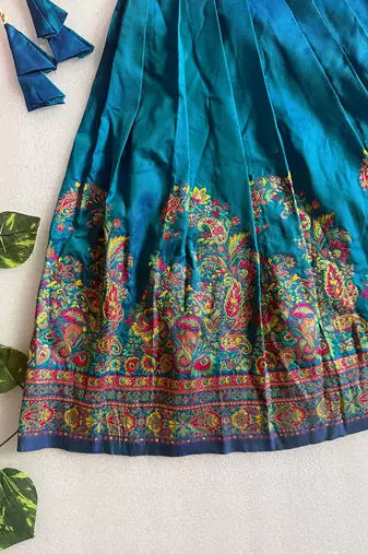 Teal pashmina silk with all body pure zari weaving work lehenga choli for kids