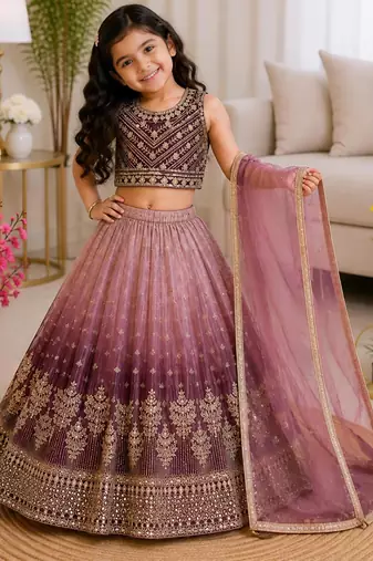 Kids' Multicolor Embroidered Lehenga Choli with Dupatta