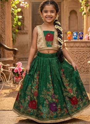 Green pure viscose dola silk with embroidery border lace lehenga choli for kids 1