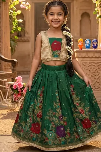 Green pure viscose dola silk with embroidery border lace lehenga choli for kids