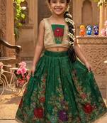 Green pure viscose dola silk with embroidery border lace lehenga choli for kids