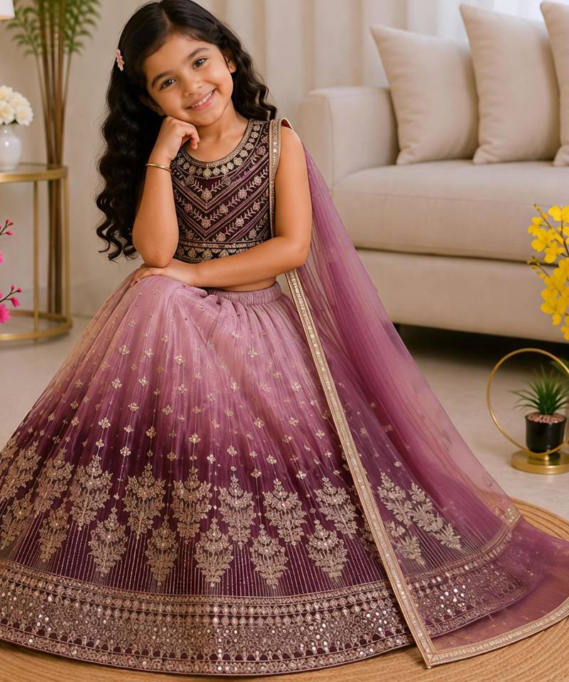 Kids' Multicolor Embroidered Lehenga Choli with Dupatta