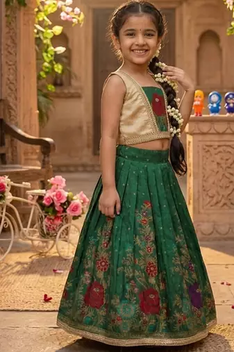 Green pure viscose dola silk with embroidery border lace lehenga choli for kids
