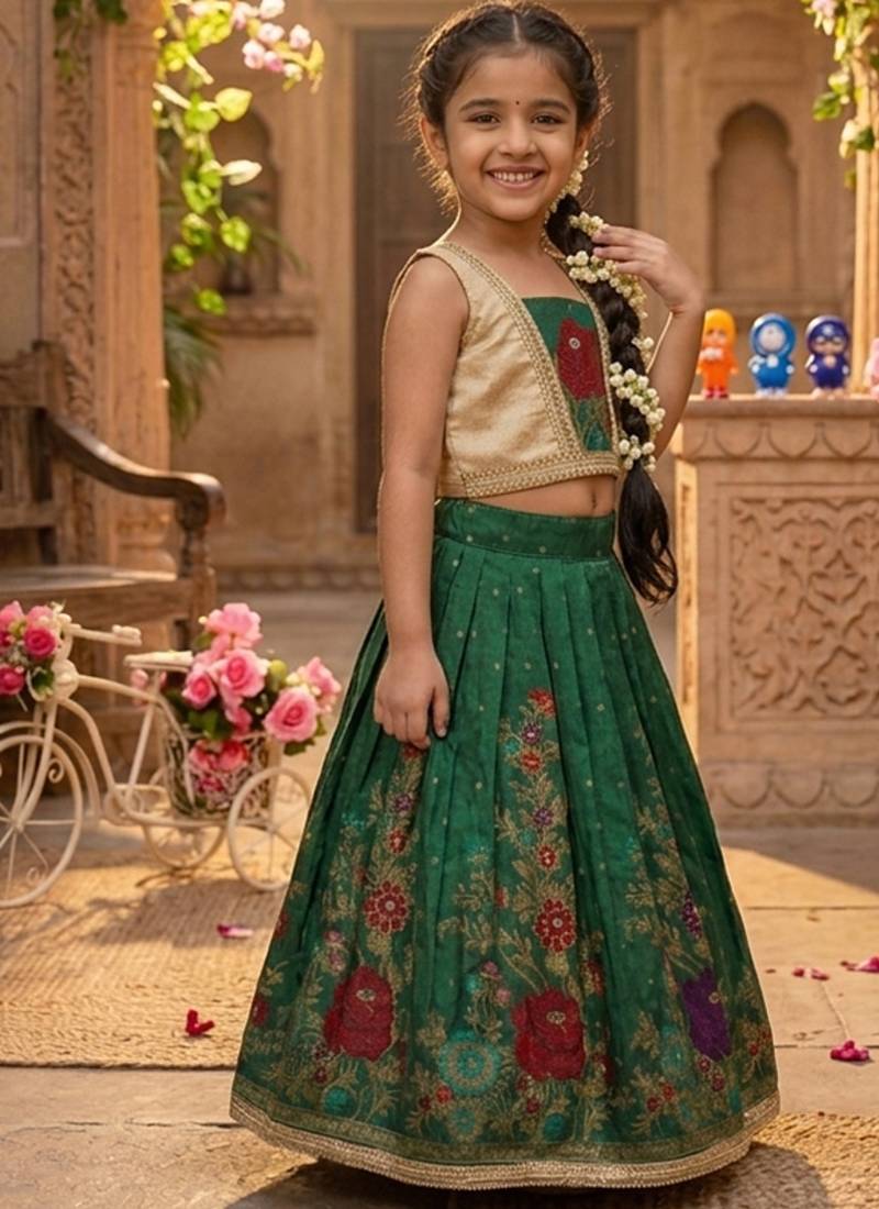Green pure viscose dola silk with embroidery border lace lehenga choli for kids