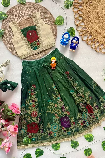 Green pure viscose dola silk with embroidery border lace lehenga choli for kids