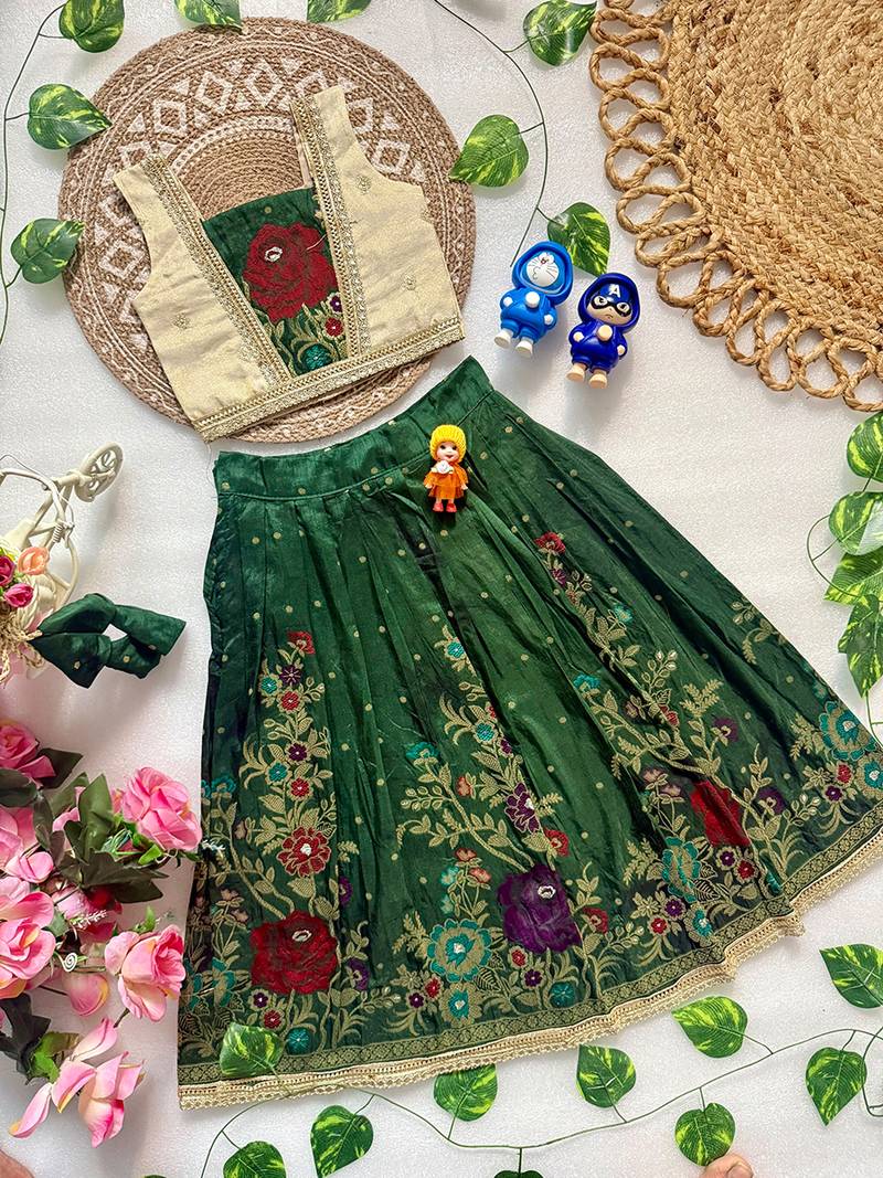 Green pure viscose dola silk with embroidery border lace lehenga choli for kids
