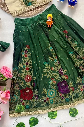Green pure viscose dola silk with embroidery border lace lehenga choli for kids