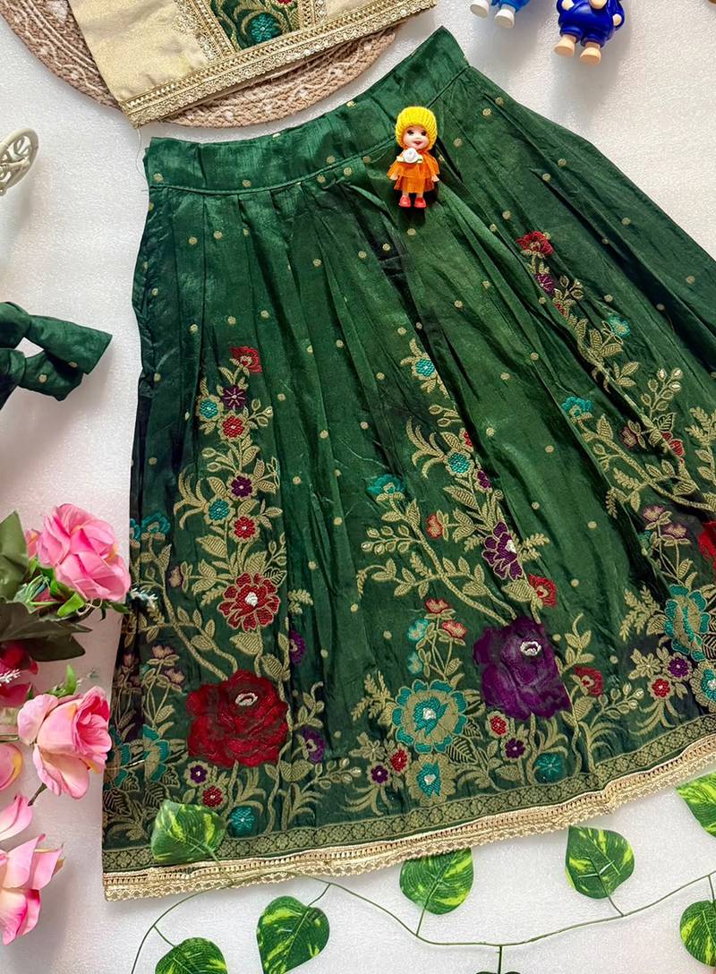 Green pure viscose dola silk with embroidery border lace lehenga choli for kids