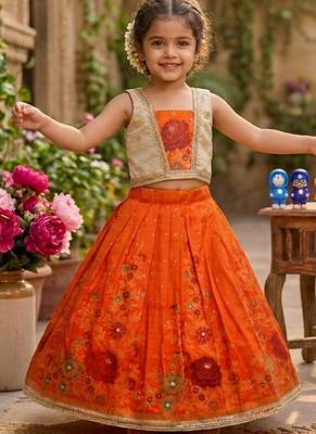 Orange pure viscose dola silk with embroidery border lace lehenga choli for kids 1
