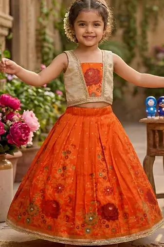 Orange pure viscose dola silk with embroidery border lace lehenga choli for kids