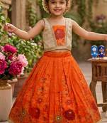 Orange pure viscose dola silk with embroidery border lace lehenga choli for kids
