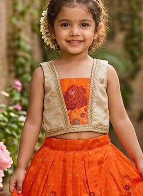 Orange pure viscose dola silk with embroidery border lace lehenga choli for kids 2