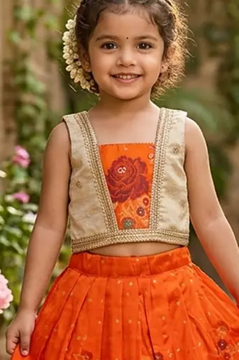 Orange pure viscose dola silk with embroidery border lace lehenga choli for kids