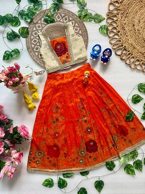 Orange pure viscose dola silk with embroidery border lace lehenga choli for kids 3