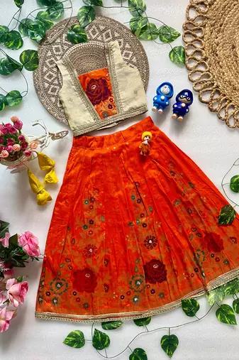 Orange pure viscose dola silk with embroidery border lace lehenga choli for kids