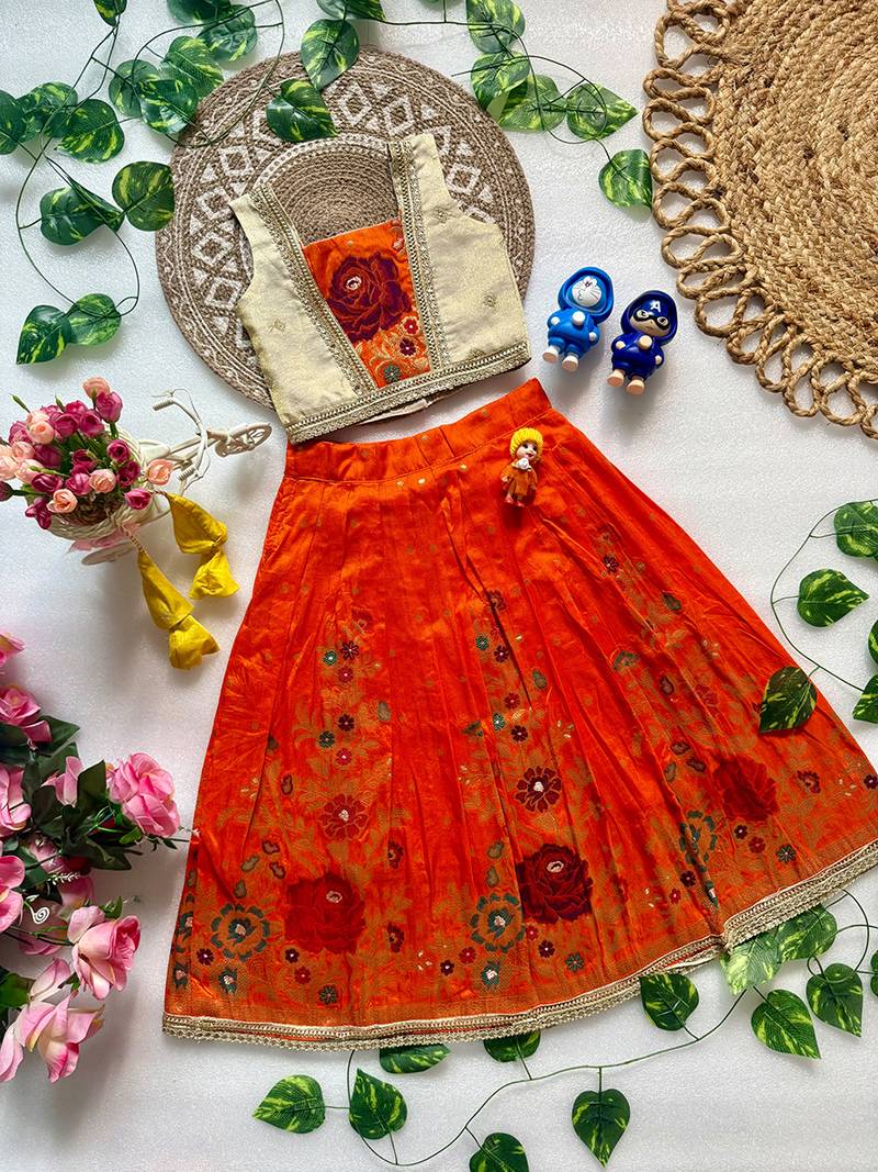 Orange pure viscose dola silk with embroidery border lace lehenga choli for kids