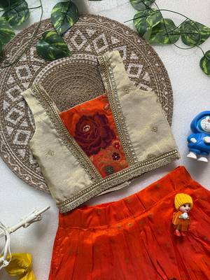 Orange pure viscose dola silk with embroidery border lace lehenga choli for kids 4
