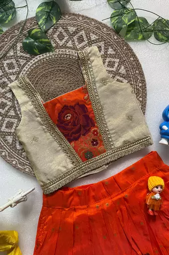 Orange pure viscose dola silk with embroidery border lace lehenga choli for kids
