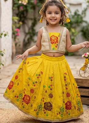 Yellow pure viscose dola silk with embroidery border lace lehenga choli for kids 1
