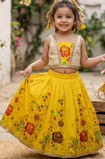 Yellow pure viscose dola silk with embroidery border lace lehenga choli for kids