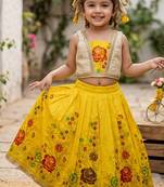 Yellow pure viscose dola silk with embroidery border lace lehenga choli for kids