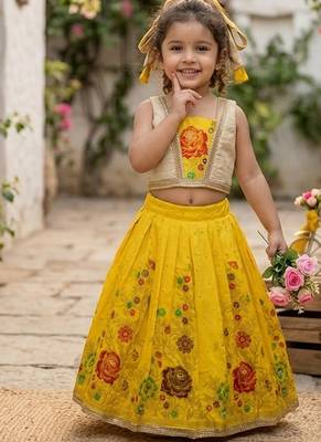 Yellow pure viscose dola silk with embroidery border lace lehenga choli for kids 2