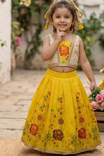 Yellow pure viscose dola silk with embroidery border lace lehenga choli for kids