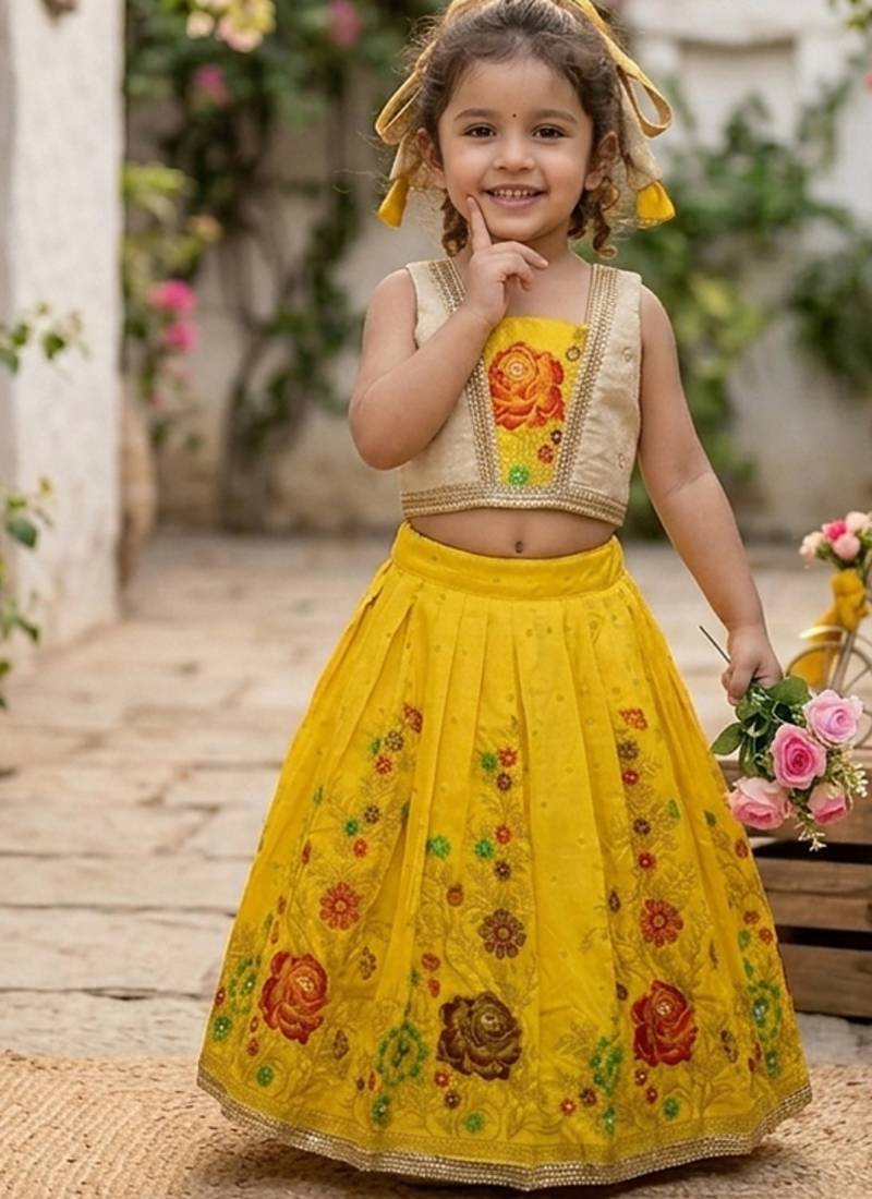 Yellow pure viscose dola silk with embroidery border lace lehenga choli for kids