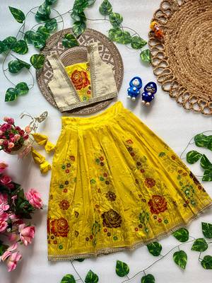 Yellow pure viscose dola silk with embroidery border lace lehenga choli for kids 3