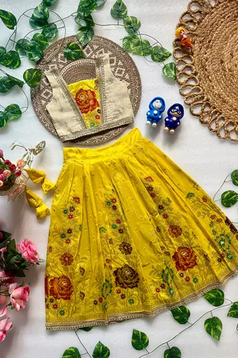 Yellow pure viscose dola silk with embroidery border lace lehenga choli for kids