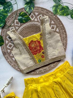 Yellow pure viscose dola silk with embroidery border lace lehenga choli for kids 4