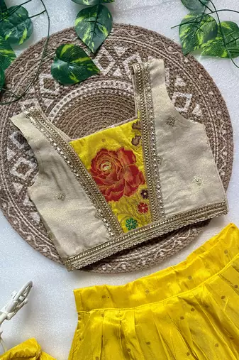 Yellow pure viscose dola silk with embroidery border lace lehenga choli for kids