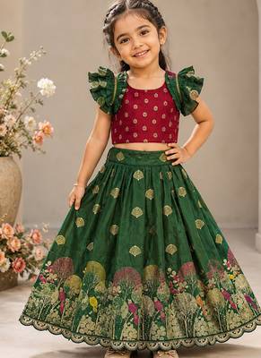Green pure viscose dola silk with embroidery border lace lehenga choli for kids 1