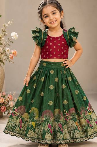 Green pure viscose dola silk with embroidery border lace lehenga choli for kids