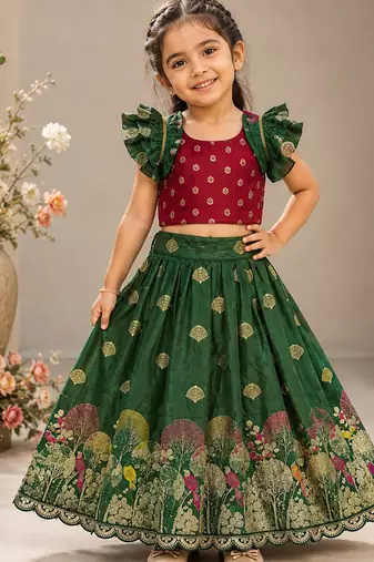 Green pure viscose dola silk with embroidery border lace lehenga choli for kids