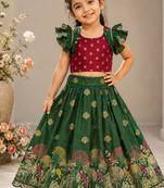 Green pure viscose dola silk with embroidery border lace lehenga choli for kids