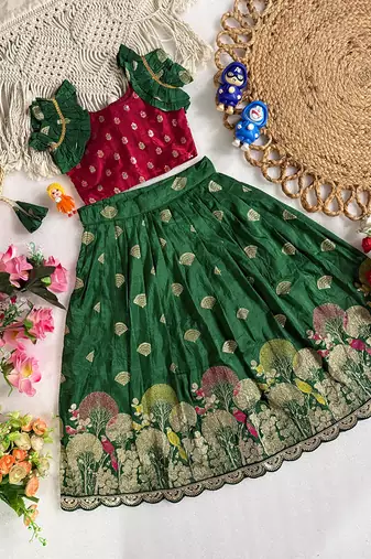 Green pure viscose dola silk with embroidery border lace lehenga choli for kids