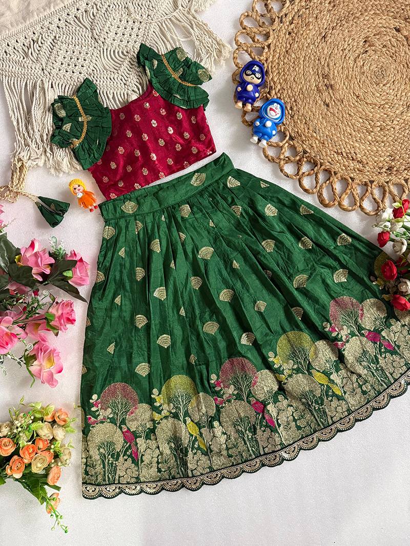 Green pure viscose dola silk with embroidery border lace lehenga choli for kids