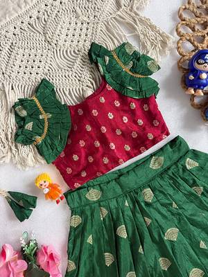 Green pure viscose dola silk with embroidery border lace lehenga choli for kids 3
