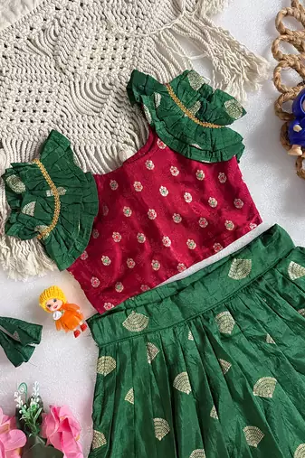 Green pure viscose dola silk with embroidery border lace lehenga choli for kids